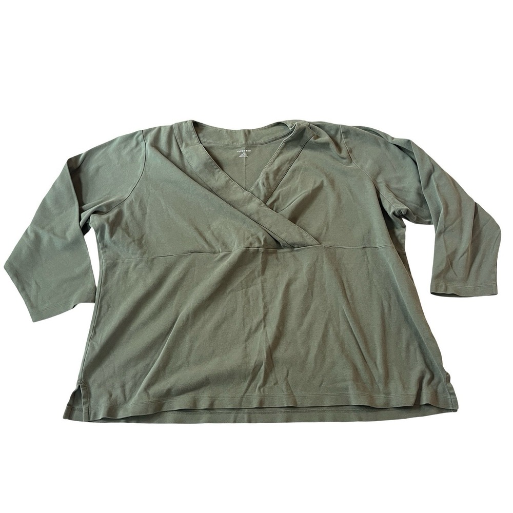 Lands' End Women's Size 3X 24W-26W Olive Green V-Neck Wrap Shirt 100% Cotton